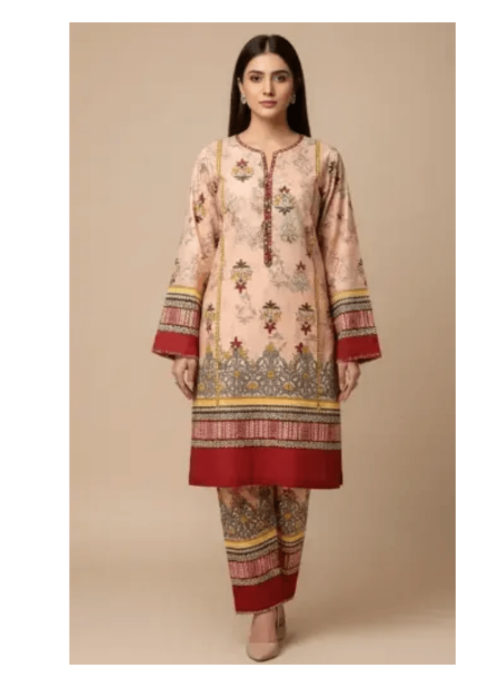 Women Unstitched Printed Suit Pink Polo Cotton 2 Pcs